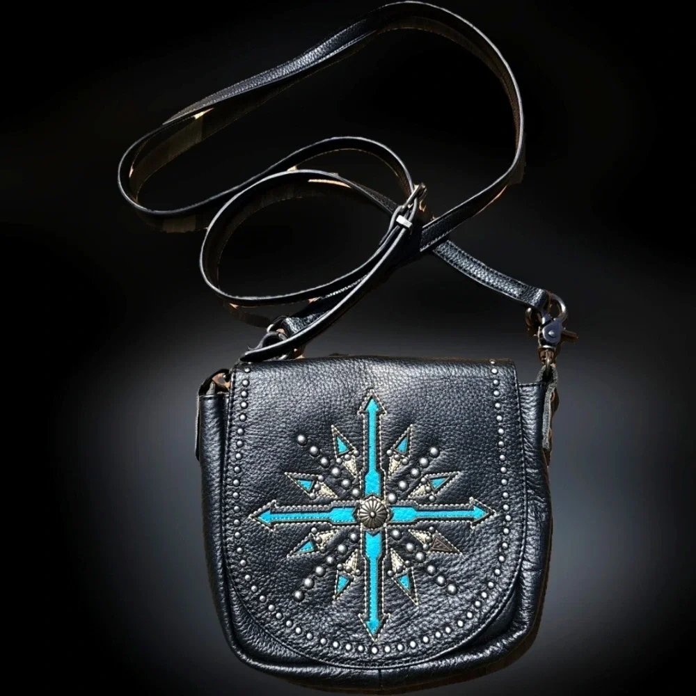 Black and Blue Embellished Studded Western Women's Crossbody Leather Bag Details - Picture 2 of 14